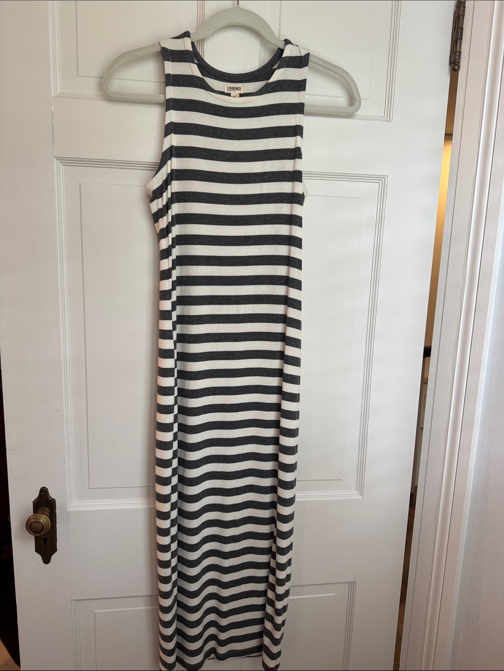 L'AGENCE Black and White Striped Sleeveless Maxi Dress